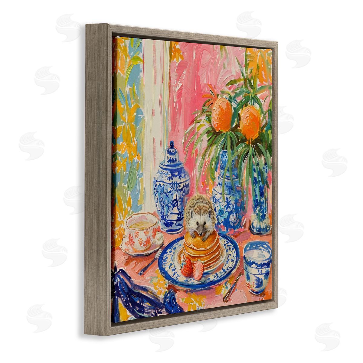 Pancakes Stack & Hedgehog Brown Floating Frame Canvas Wall Art, Home Decor by LSR Design Studio