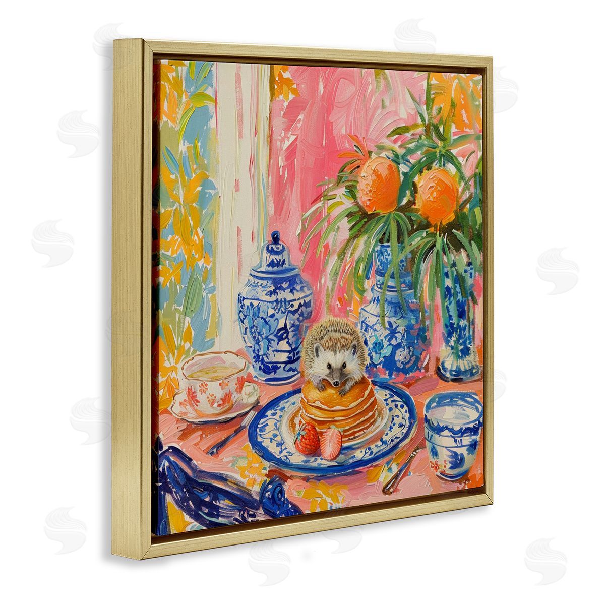 Pancakes Stack & Hedgehog Gold Floating Frame Canvas Wall Art, Home Decor by LSR Design Studio