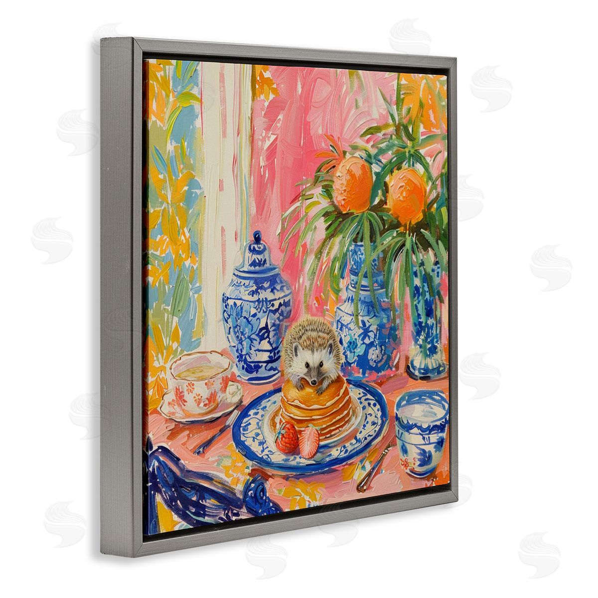 Pancakes Stack & Hedgehog Grey Floating Frame Canvas Wall Art, Home Decor by LSR Design Studio