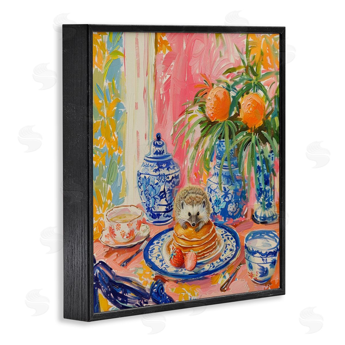 Pancakes Stack & Hedgehog Black Frame Print Wall Art, Home Decor by LSR Design Studio