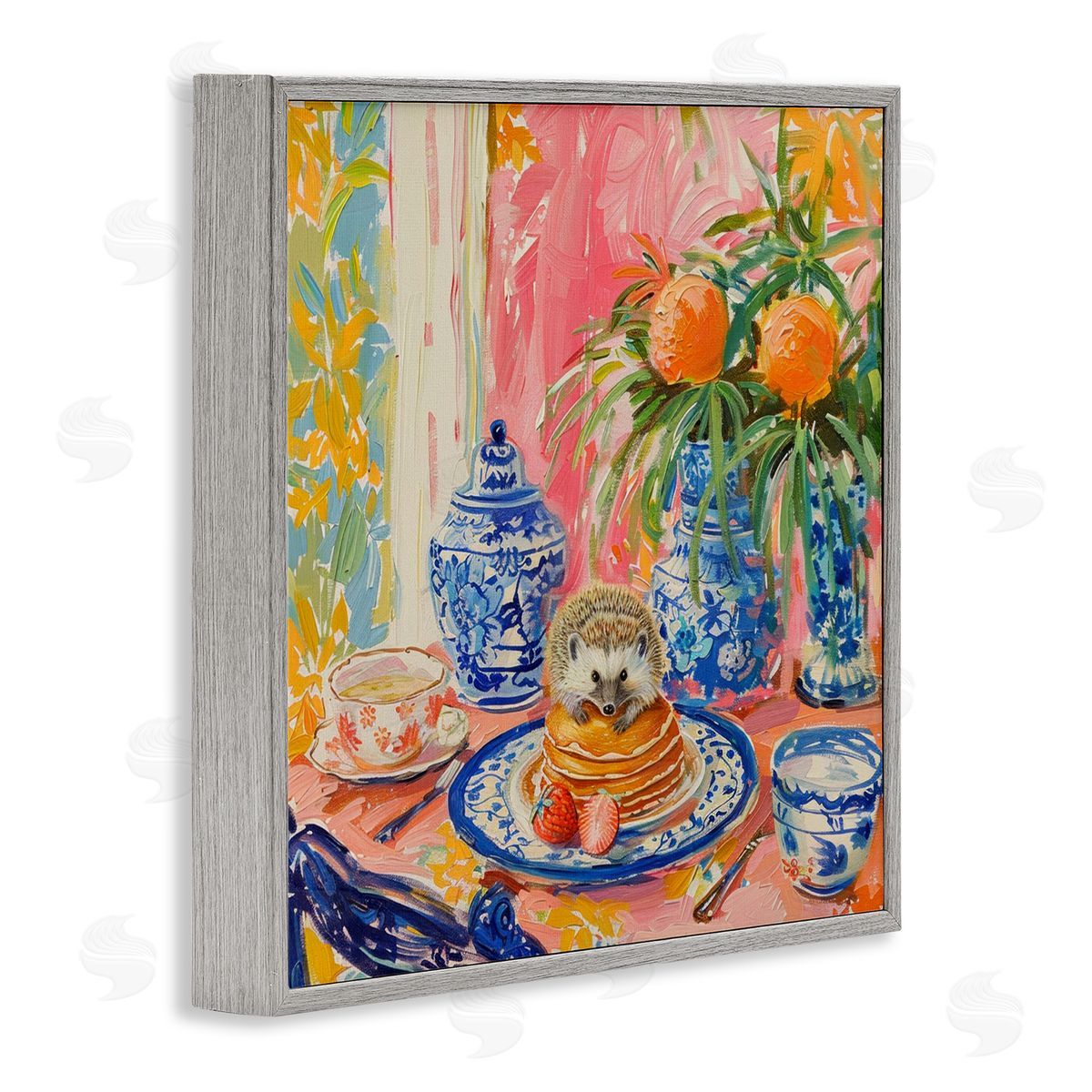 Pancakes Stack & Hedgehog Grey Frame Print Wall Art, Home Decor by LSR Design Studio