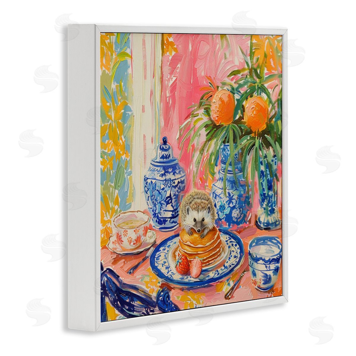Pancakes Stack & Hedgehog White Frame Print Wall Art, Home Decor by LSR Design Studio