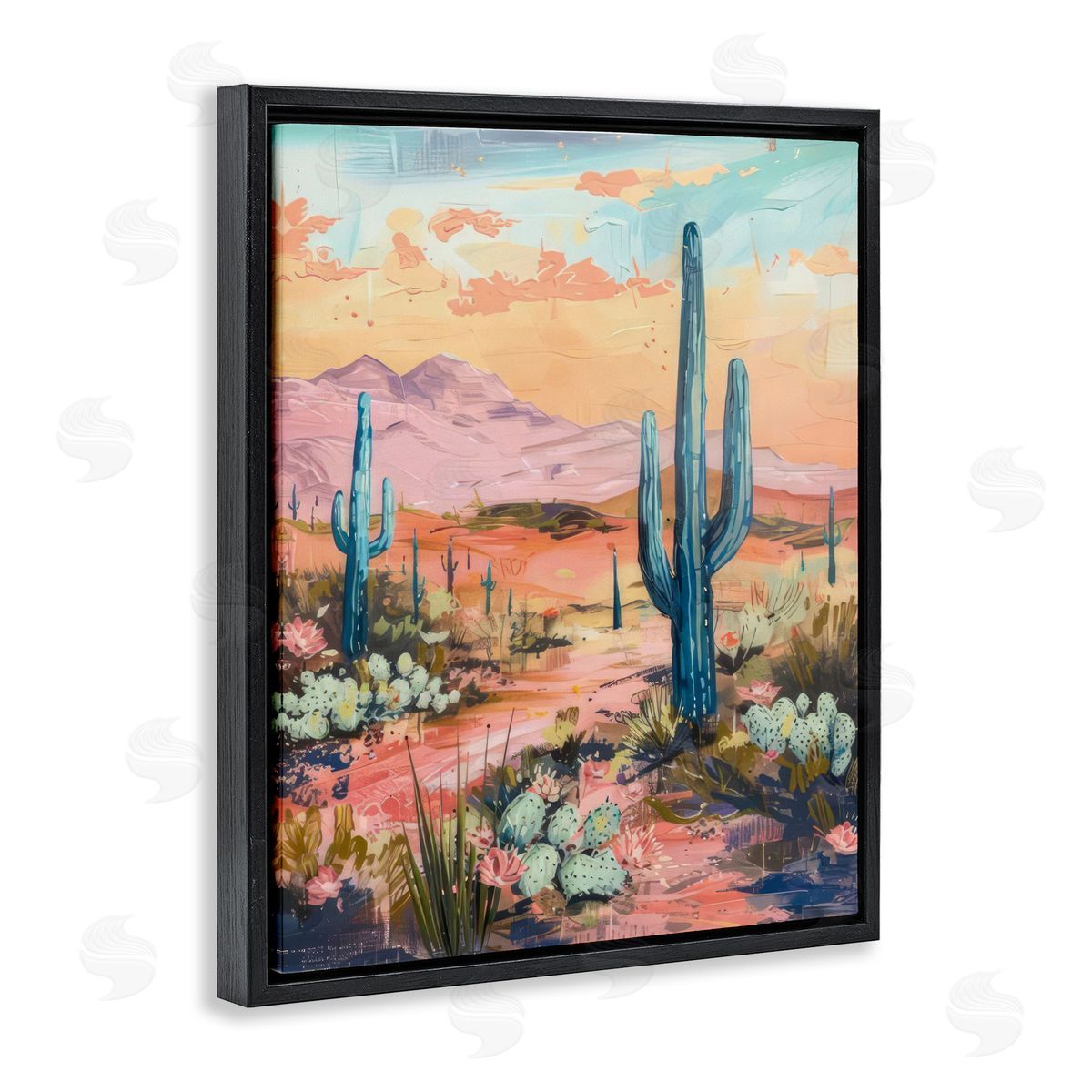 Soft Canyon Sunset Cacti Black Floating Frame Canvas Wall Art, Home Decor by LSR Design Studio