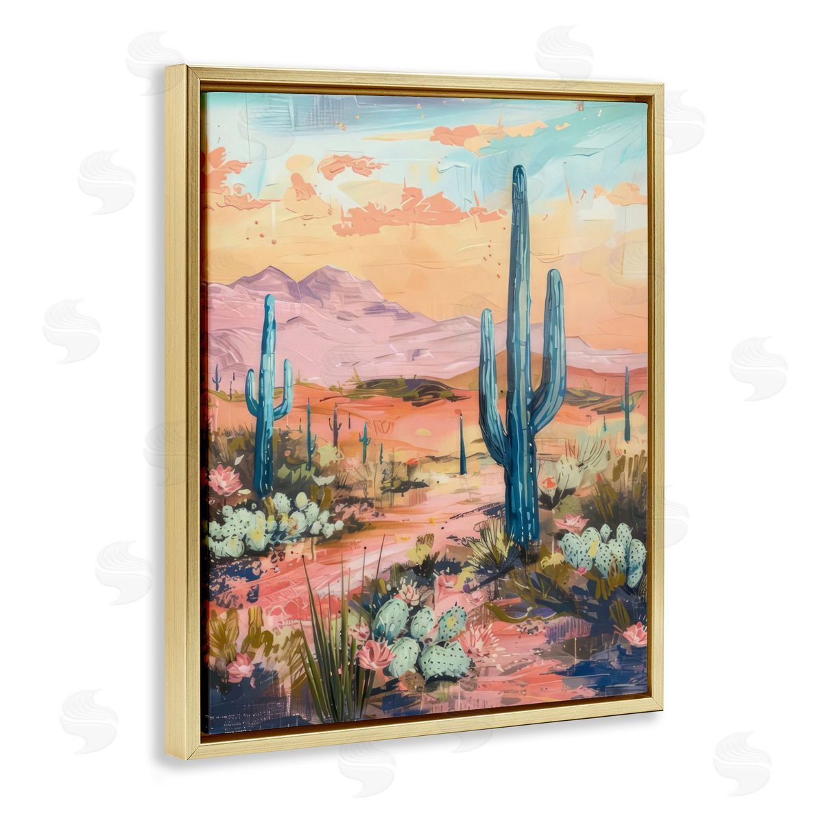 Soft Canyon Sunset Cacti Gold Floating Frame Canvas Wall Art, Home Decor by LSR Design Studio
