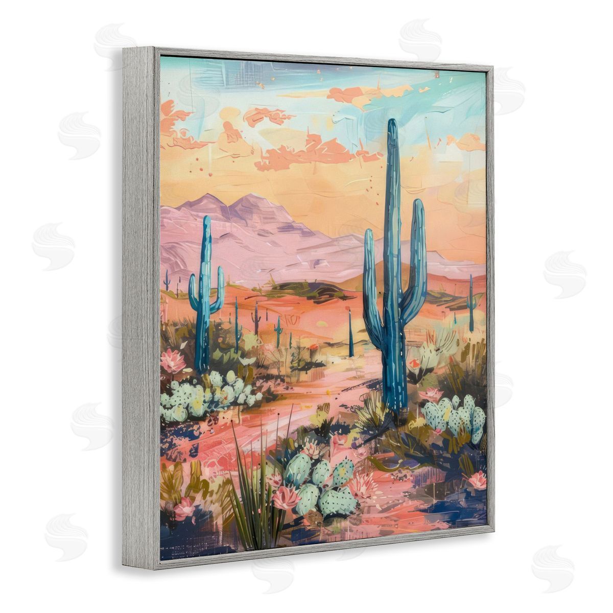 Soft Canyon Sunset Cacti Grey Frame Print Wall Art, Home Decor by LSR Design Studio