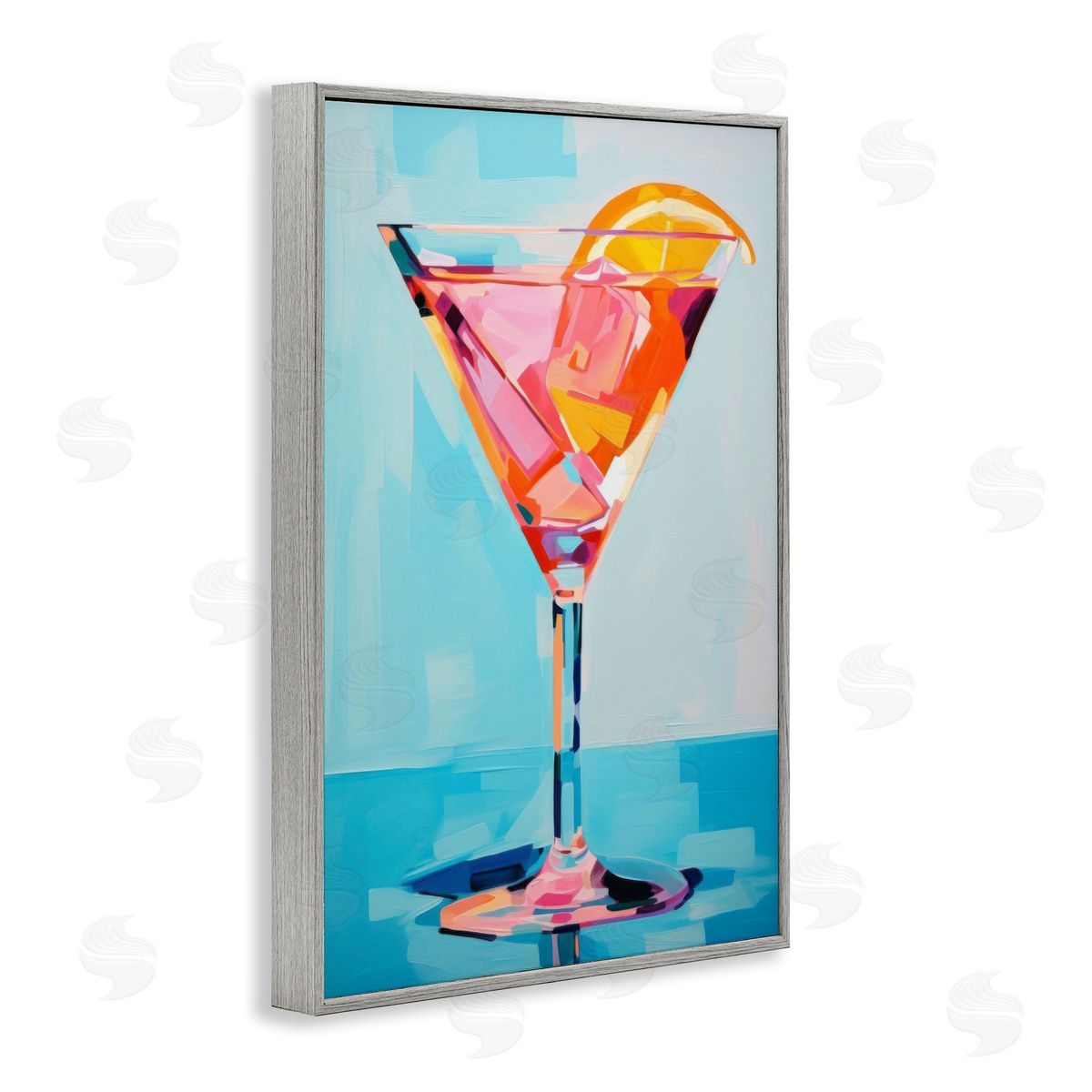 Blue & Pink Martini Grey Frame Print Wall Art, Home Decor by LSR Design Studio