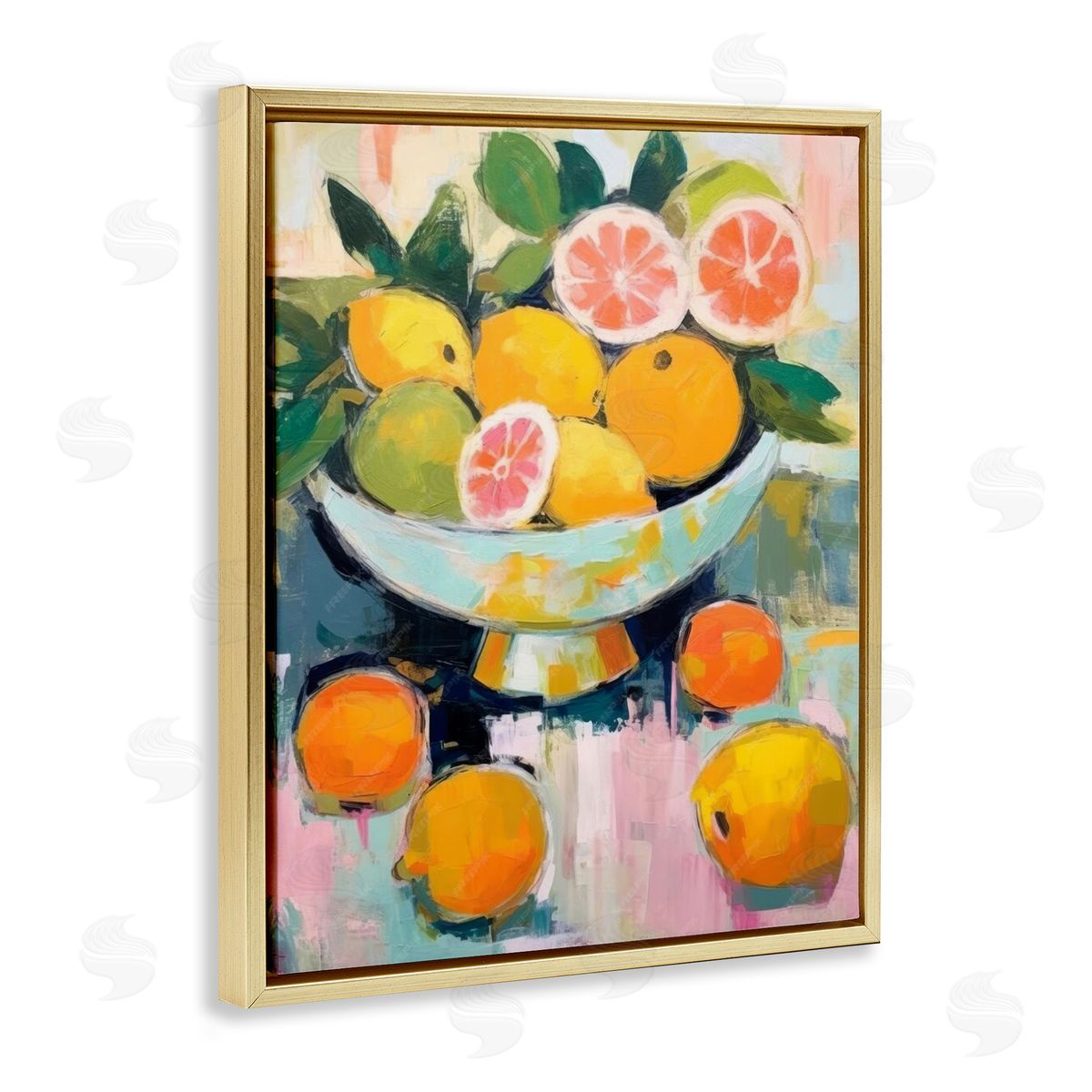 Abstract Citrus Still Life Gold Floating Frame Canvas Wall Art, Home Decor by LSR Design Studio