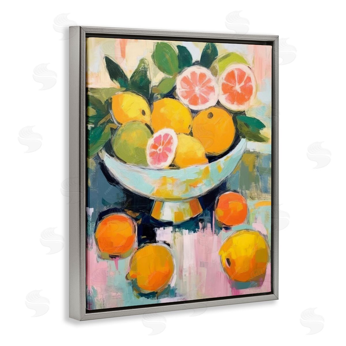 Abstract Citrus Still Life Grey Floating Frame Canvas Wall Art, Home Decor by LSR Design Studio