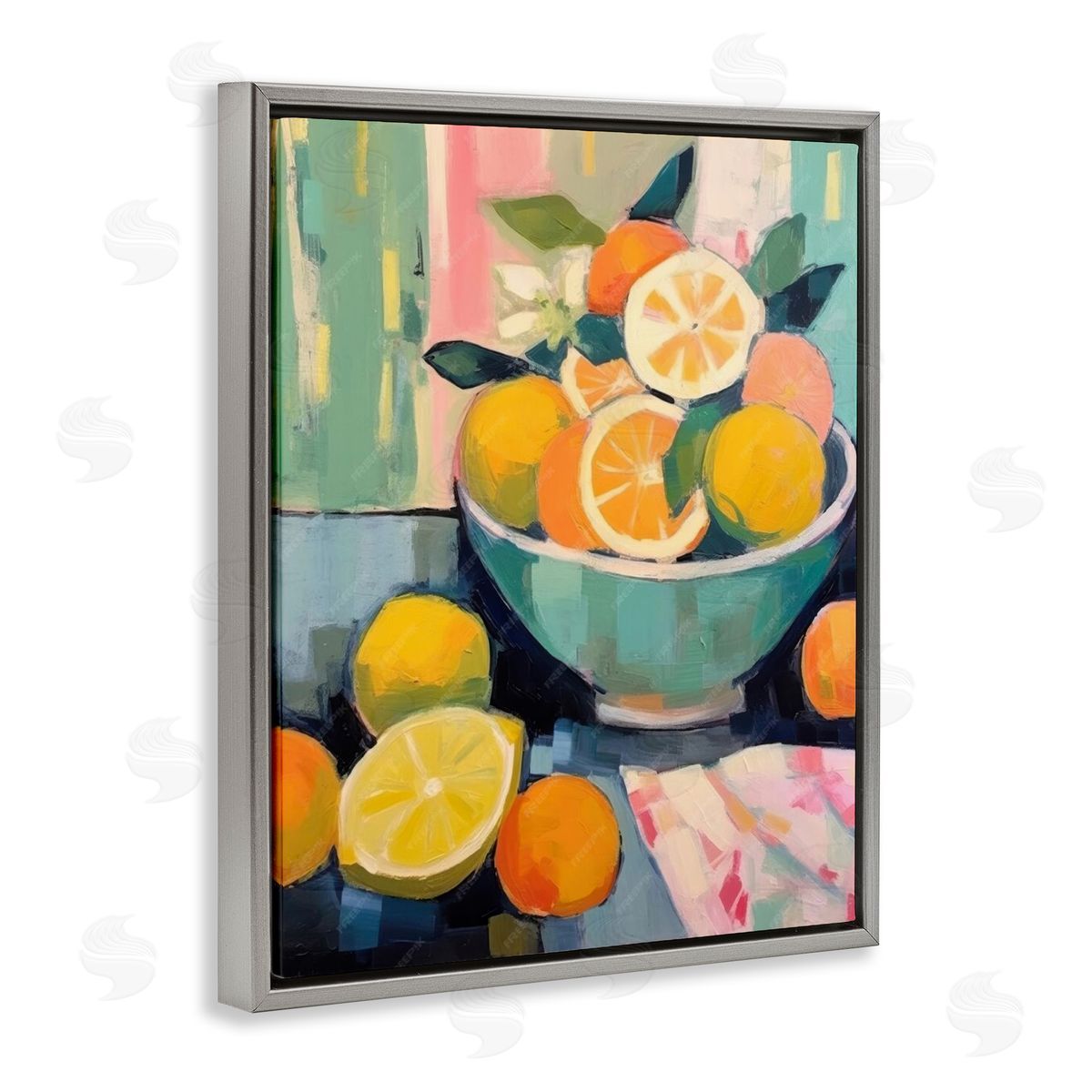 Orange & Lemon Bowl Grey Floating Frame Canvas Wall Art, Home Decor by LSR Design Studio