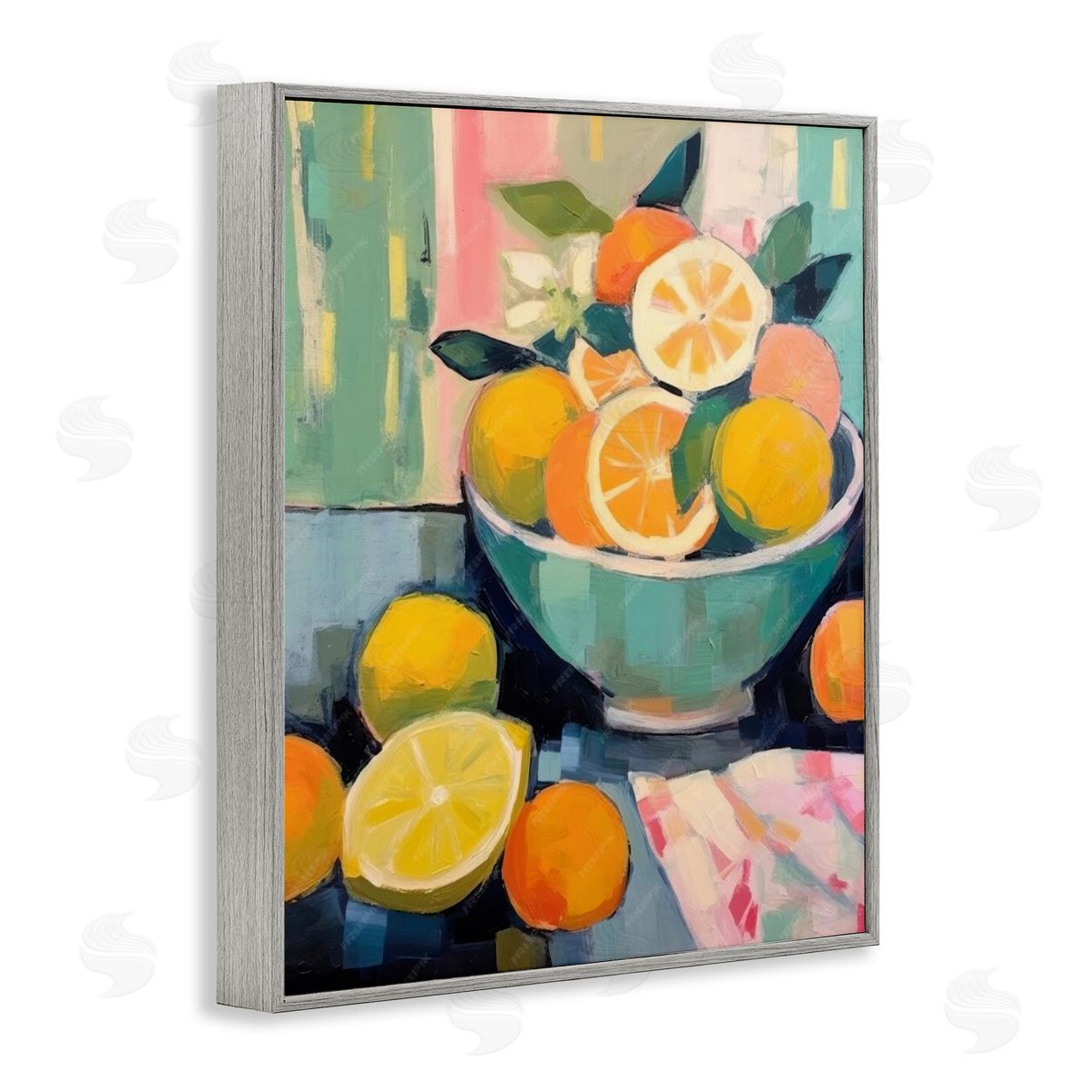 Orange & Lemon Bowl Grey Frame Print Wall Art, Home Decor by LSR Design Studio