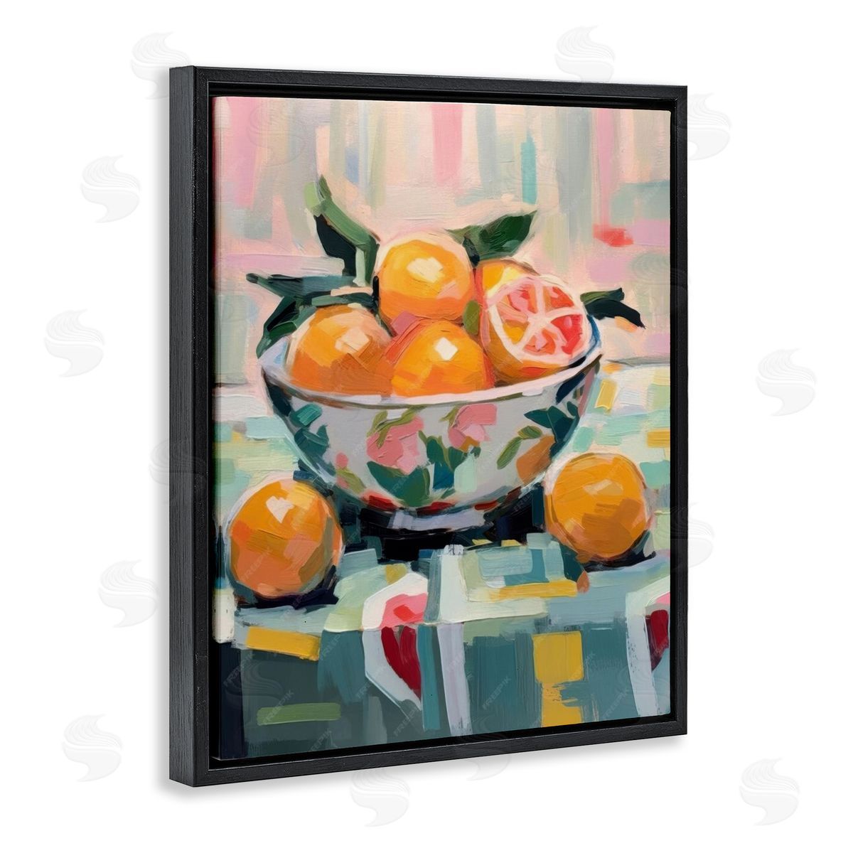Kitchen Bowl of Oranges Black Floating Frame Canvas Wall Art, Home Decor by LSR Design Studio