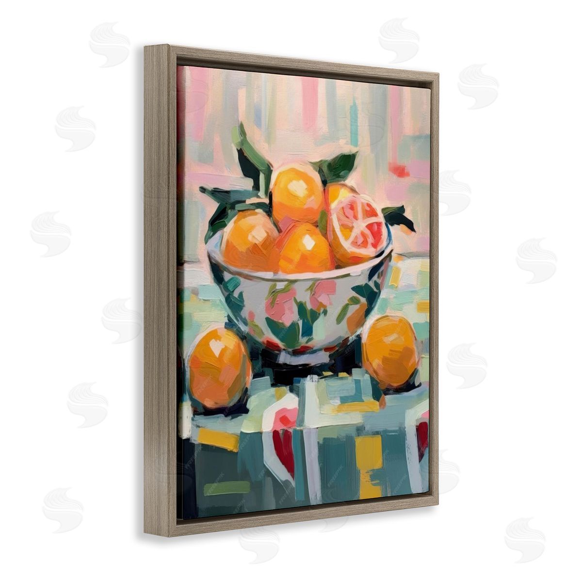 Kitchen Bowl of Oranges Brown Floating Frame Canvas Wall Art, Home Decor by LSR Design Studio