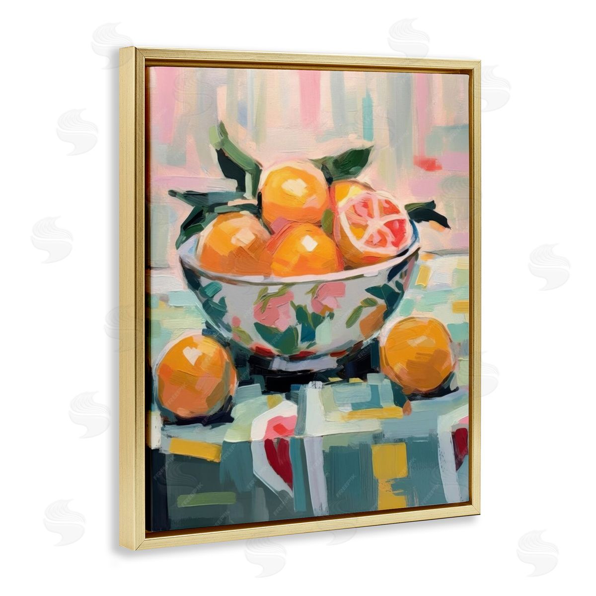 Kitchen Bowl of Oranges Gold Floating Frame Canvas Wall Art, Home Decor by LSR Design Studio