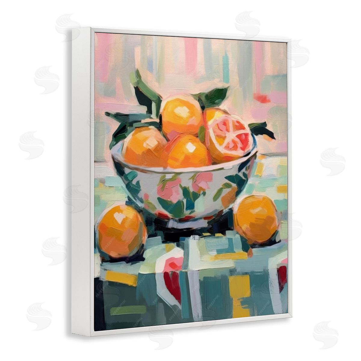 Kitchen Bowl of Oranges White Frame Print Wall Art, Home Decor by LSR Design Studio