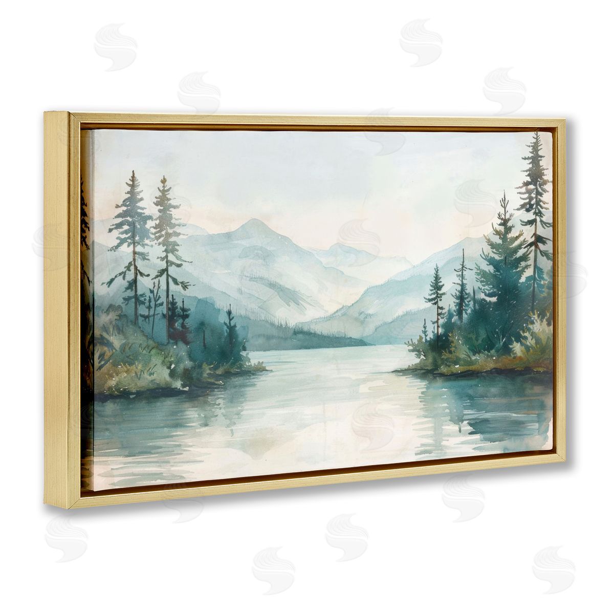 Mountain Lake in Springtime Gold Floating Frame Canvas Wall Art, Home Decor by LSR Design Studio
