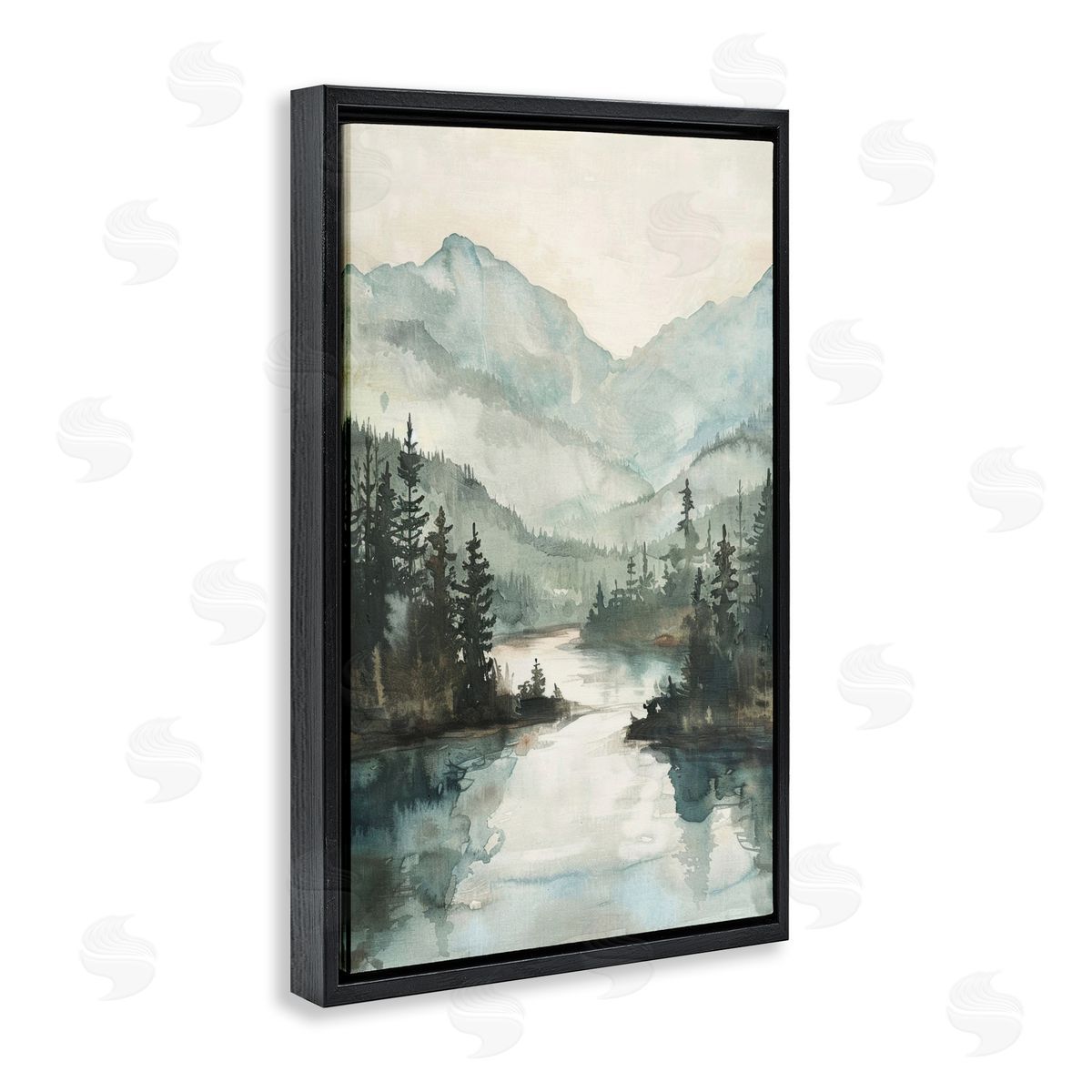 Mountain River View Black Floating Frame Canvas Wall Art, Home Decor by LSR Design Studio