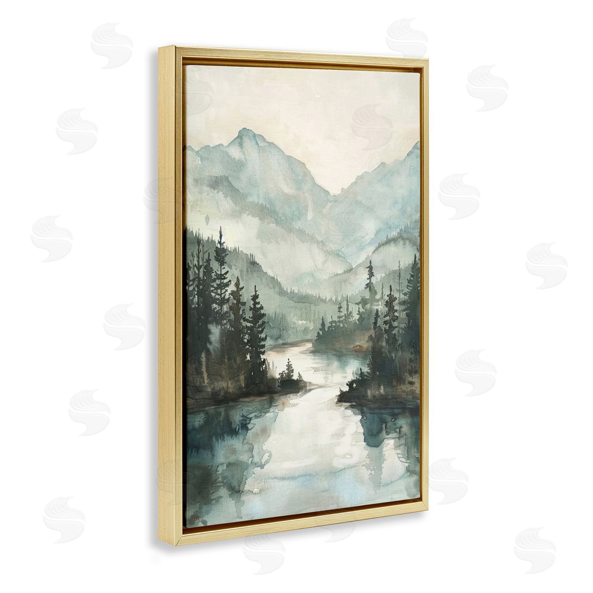 Mountain River View Gold Floating Frame Canvas Wall Art, Home Decor by LSR Design Studio