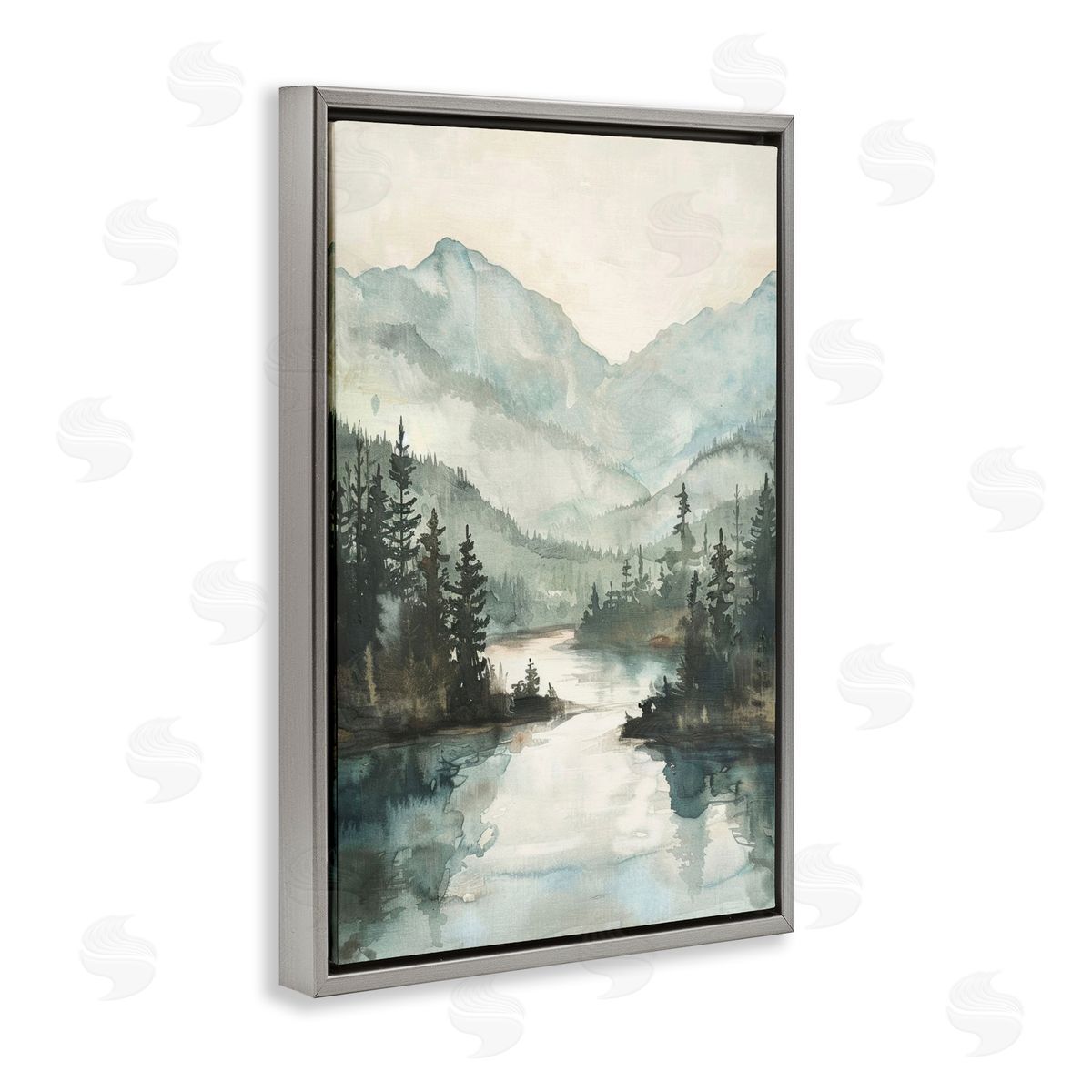 Mountain River View Grey Floating Frame Canvas Wall Art, Home Decor by LSR Design Studio