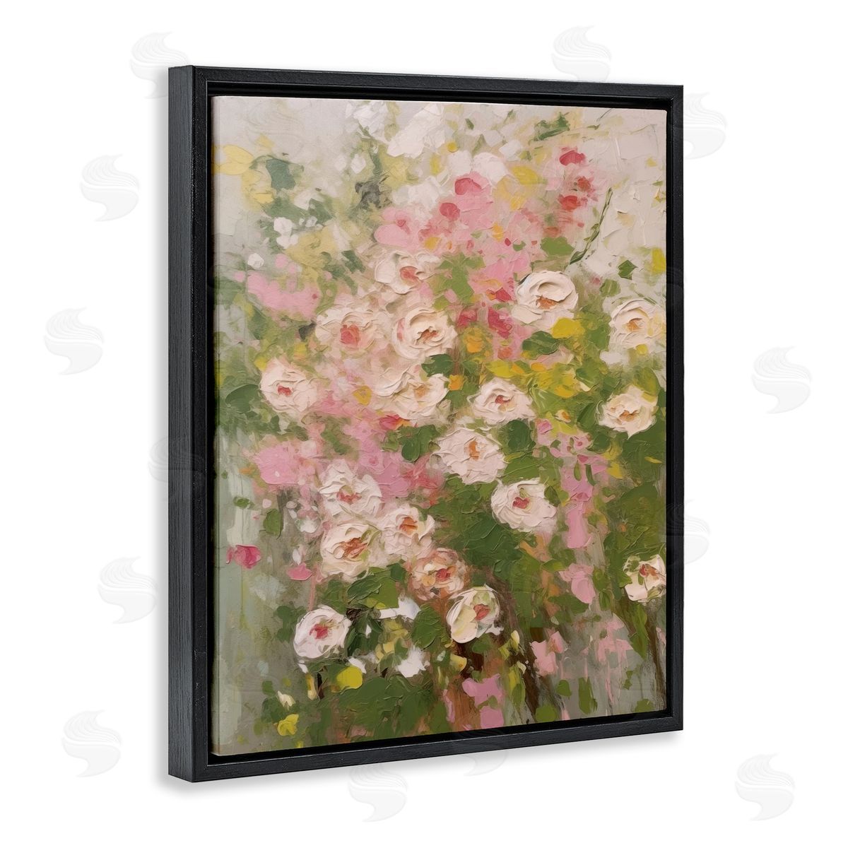 Vintage Spring Floral Abstraction Black Floating Frame Canvas Wall Art, Home Decor by LSR Design Studio