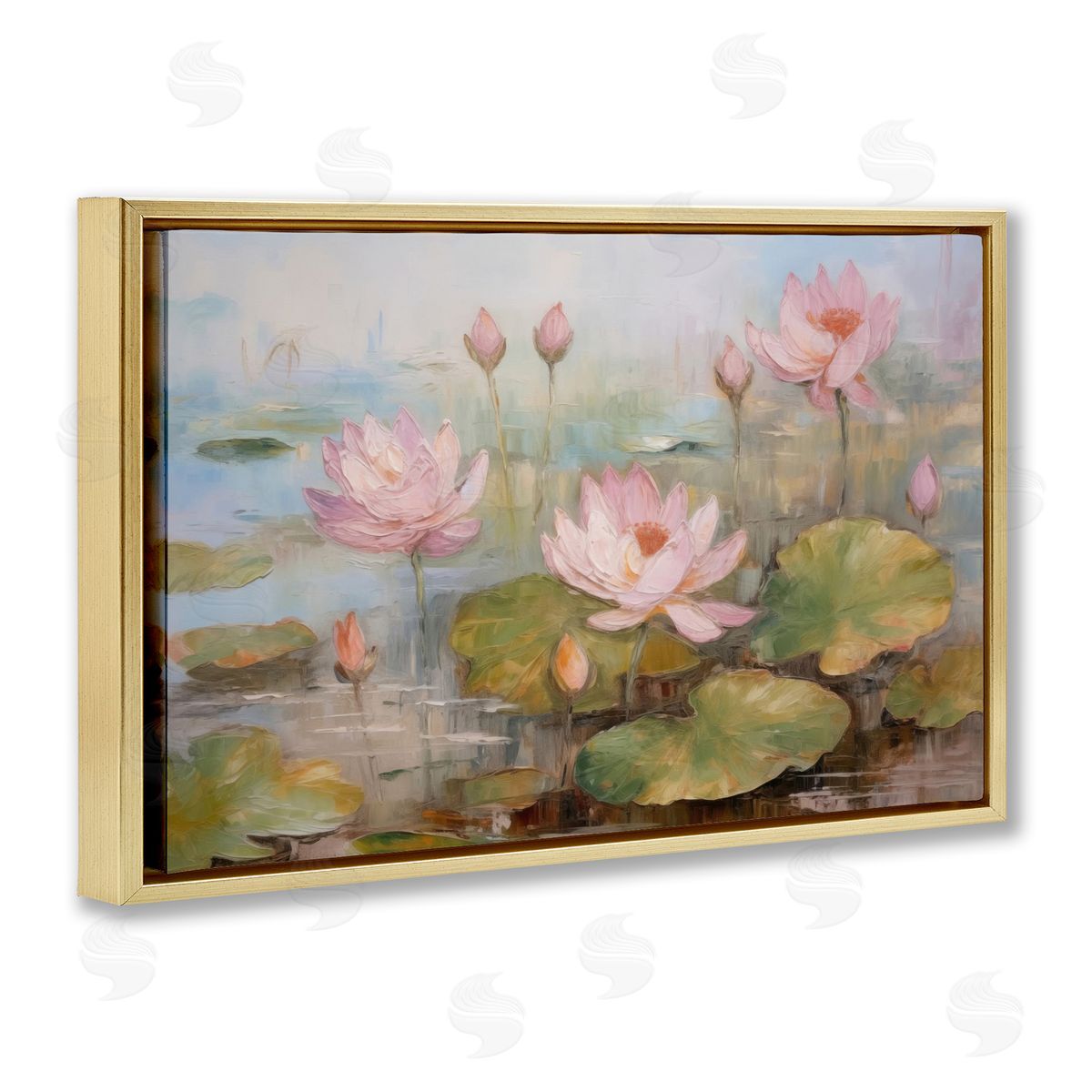 Water Lilies in Spring Gold Floating Frame Canvas Wall Art, Home Decor by LSR Design Studio