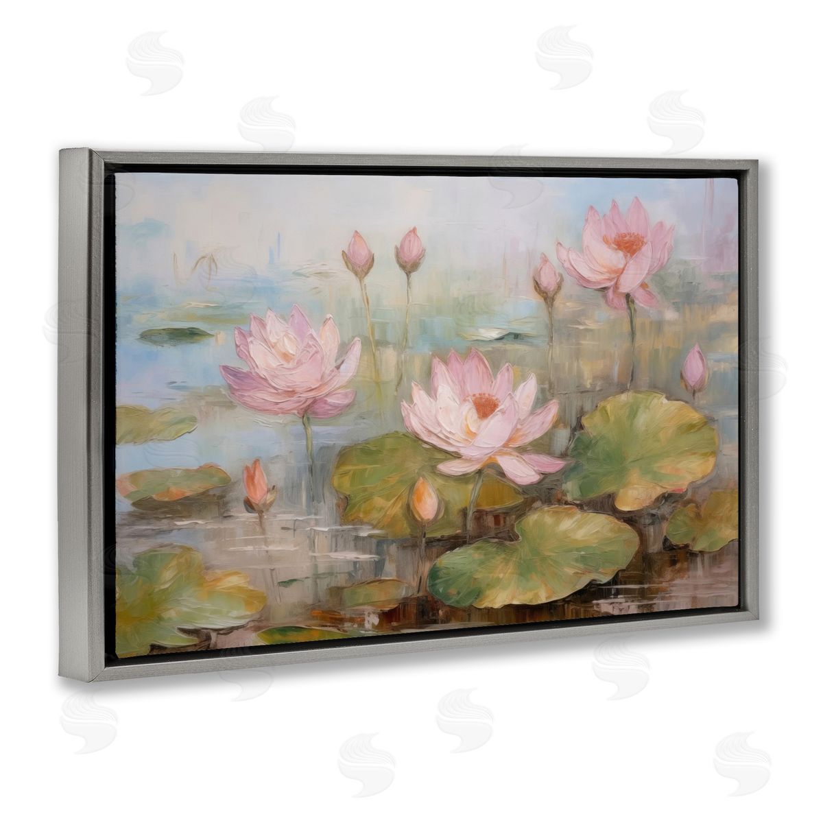 Water Lilies in Spring Grey Floating Frame Canvas Wall Art, Home Decor by LSR Design Studio