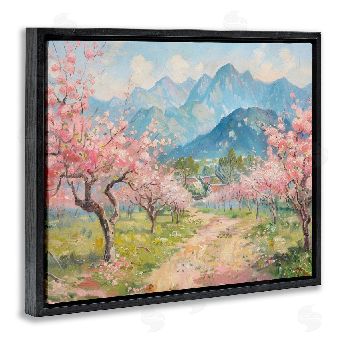 Cherry Blossom Mountains Black Floating Frame Canvas Wall Art, Home Decor by LSR Design Studio