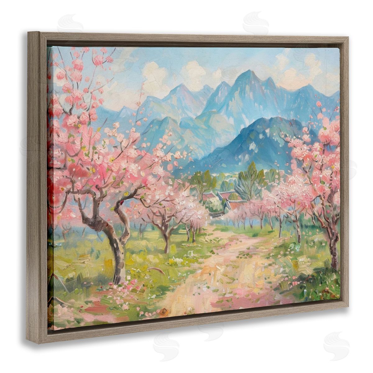 Cherry Blossom Mountains Brown Floating Frame Canvas Wall Art, Home Decor by LSR Design Studio