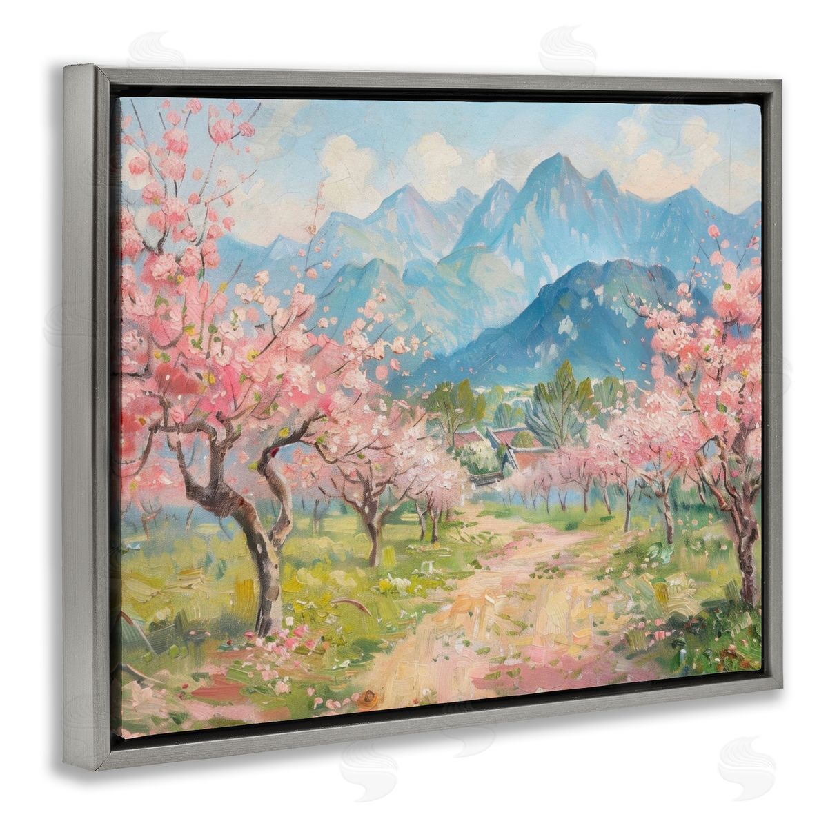 Cherry Blossom Mountains Grey Floating Frame Canvas Wall Art, Home Decor by LSR Design Studio