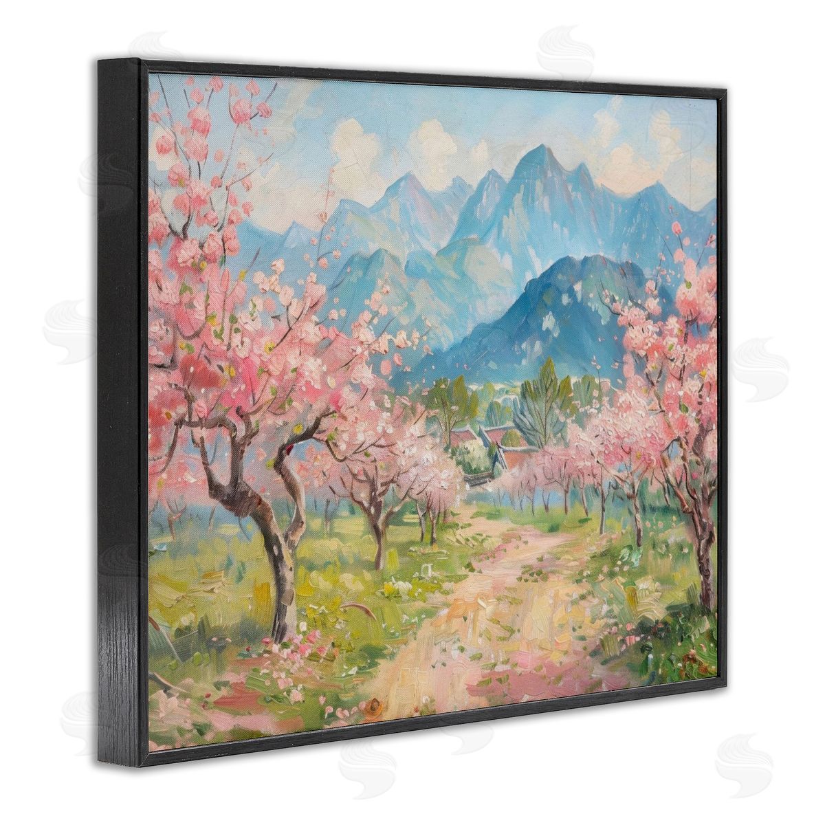 Cherry Blossom Mountains Black Frame Print Wall Art, Home Decor by LSR Design Studio