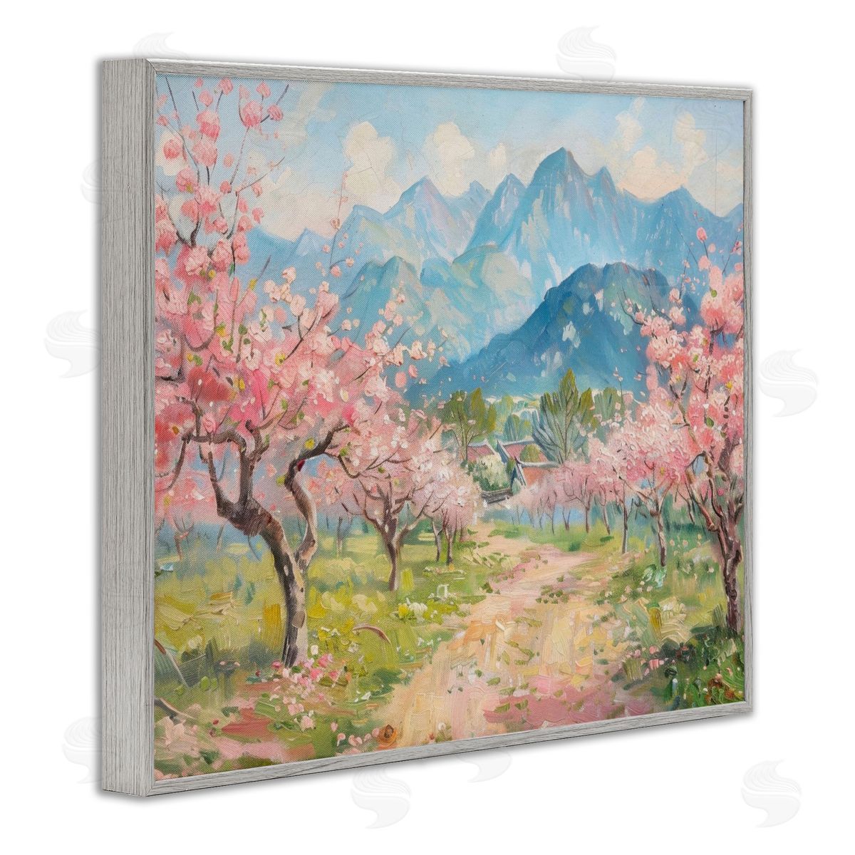 Cherry Blossom Mountains Grey Frame Print Wall Art, Home Decor by LSR Design Studio