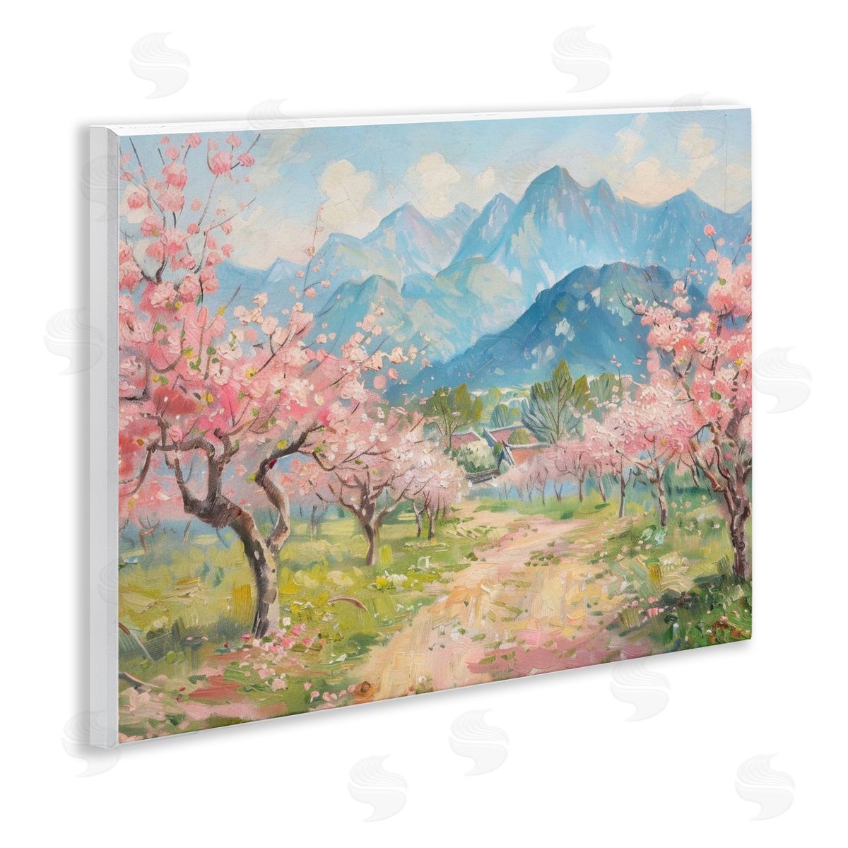 Cherry Blossom Mountains Wood Plaque Wall Art, Home Decor by LSR Design Studio