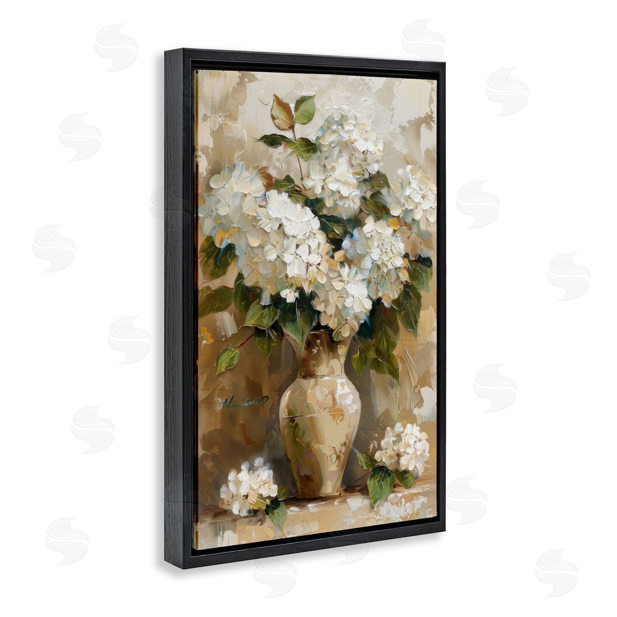 Vintage White Hydrangeas Black Floating Frame Canvas Wall Art, Home Decor by LSR Design Studio