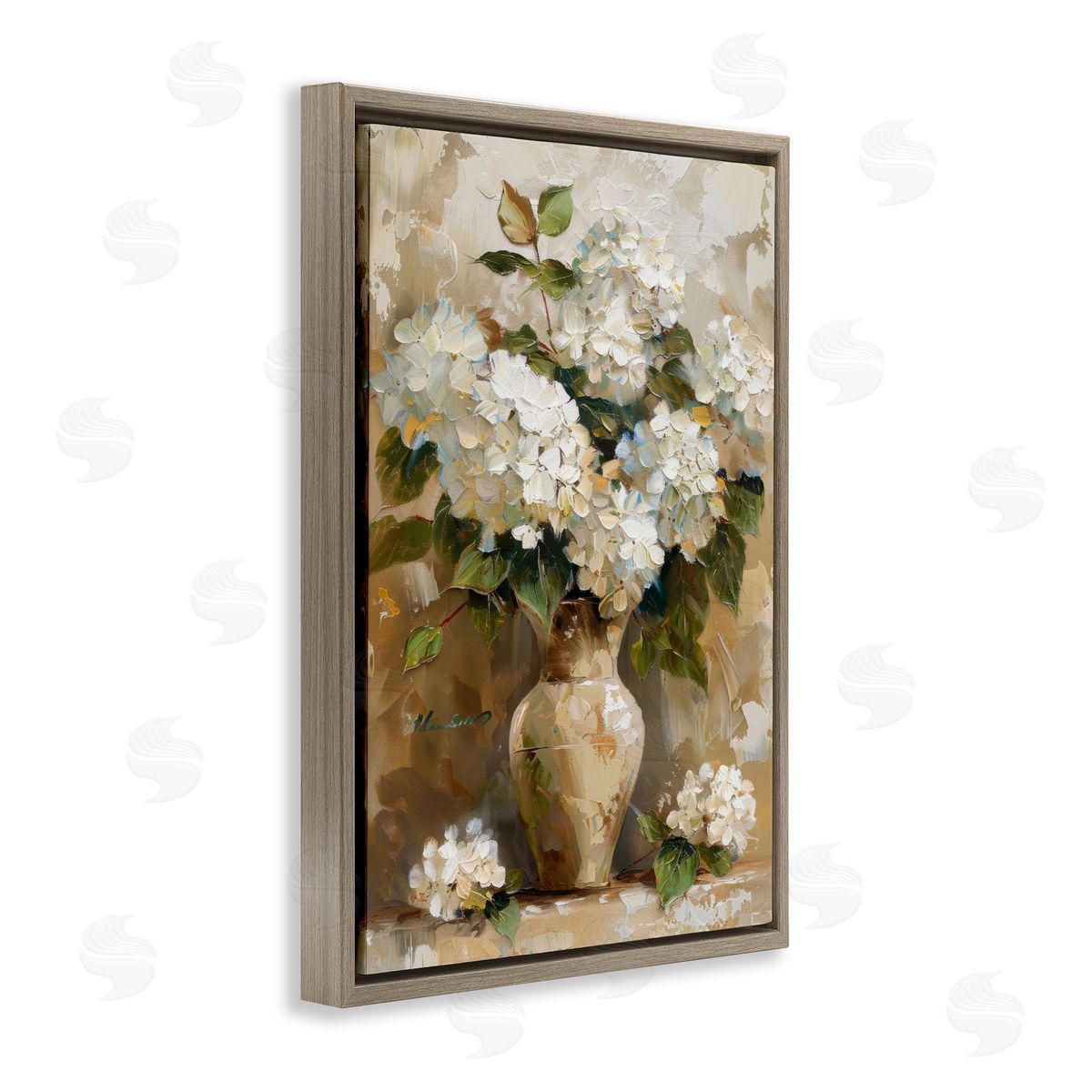 Vintage White Hydrangeas Brown Floating Frame Canvas Wall Art, Home Decor by LSR Design Studio
