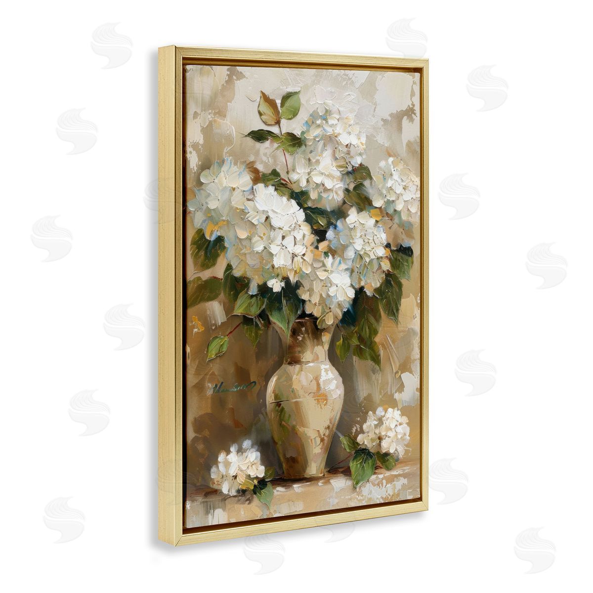Vintage White Hydrangeas Gold Floating Frame Canvas Wall Art, Home Decor by LSR Design Studio