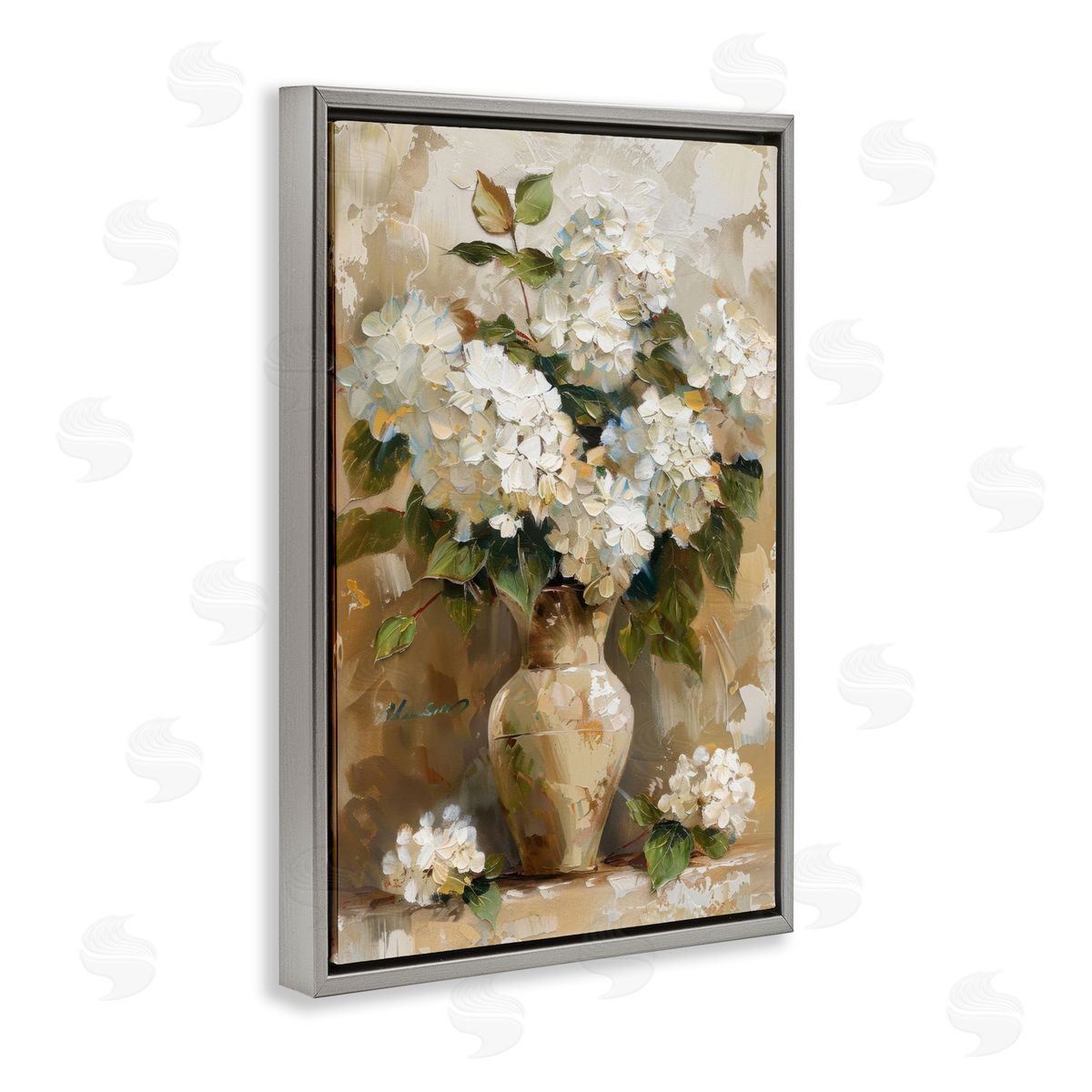 Vintage White Hydrangeas Grey Floating Frame Canvas Wall Art, Home Decor by LSR Design Studio