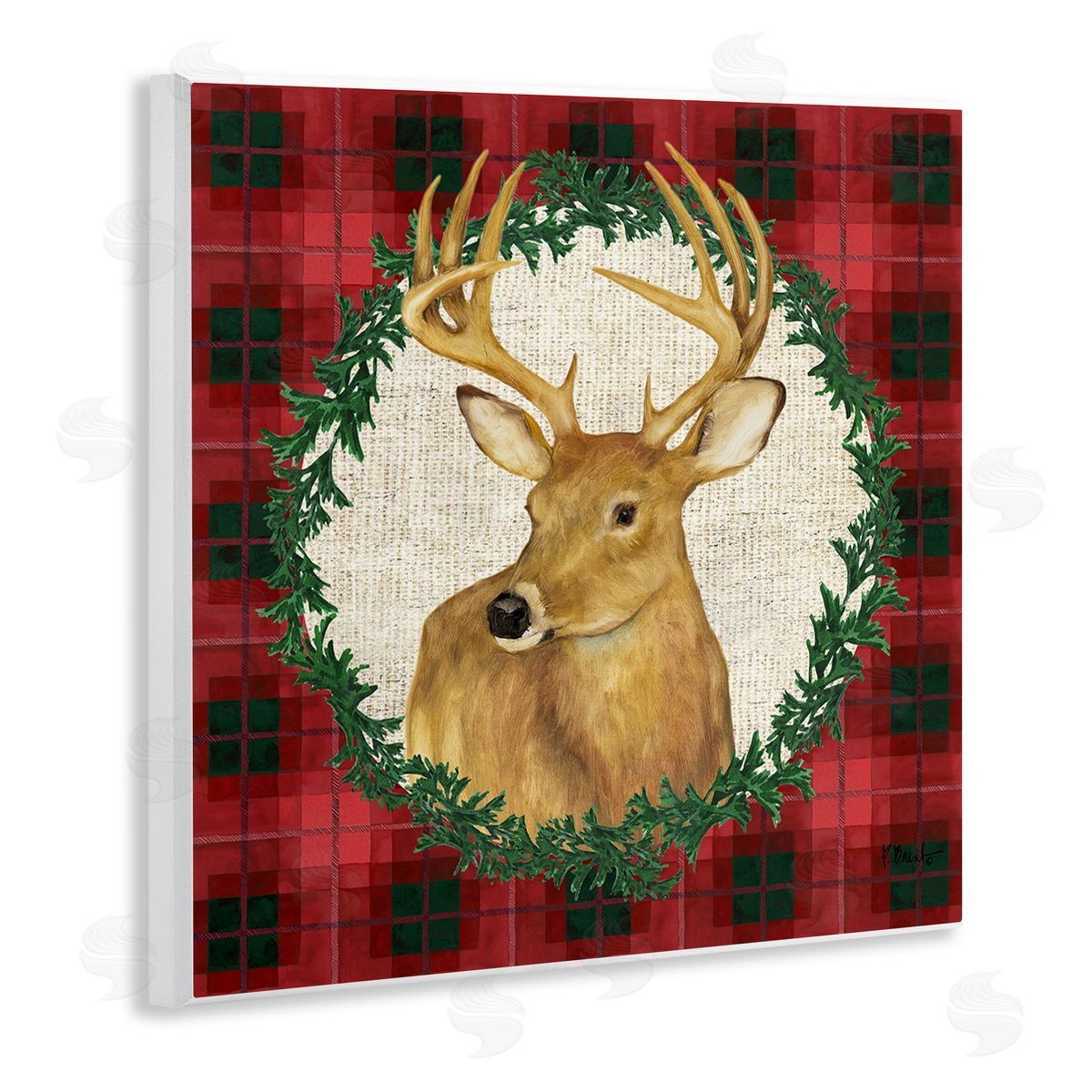 Deer on Plaid & Wreath Wood Plaque Wall Art, Home Decor by Paul Brent