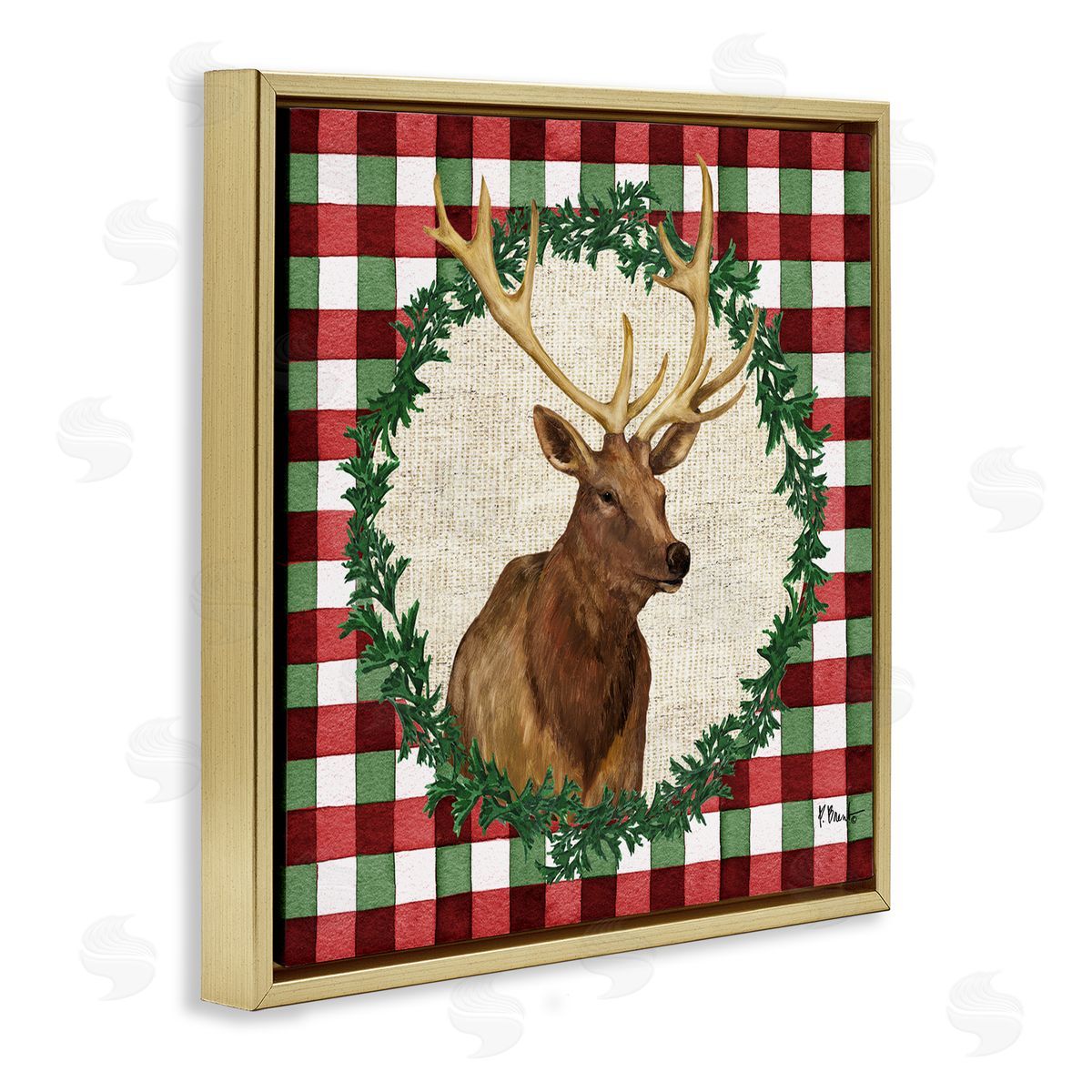 Plaid Holiday Elk Gold Floating Frame Canvas Wall Art, Home Decor by Paul Brent