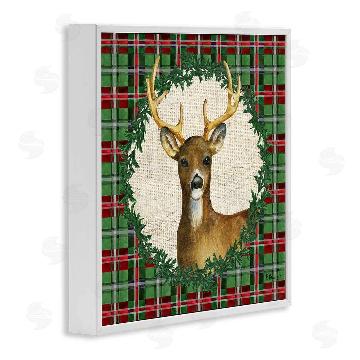 Plaid Holiday Deer White Frame Print Wall Art, Home Decor by Paul Brent