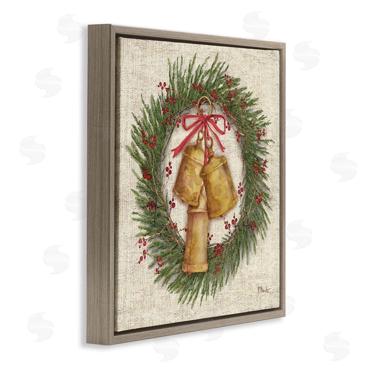 Festive Bells Wreath Brown Floating Frame Canvas Wall Art, Home Decor by Paul Brent