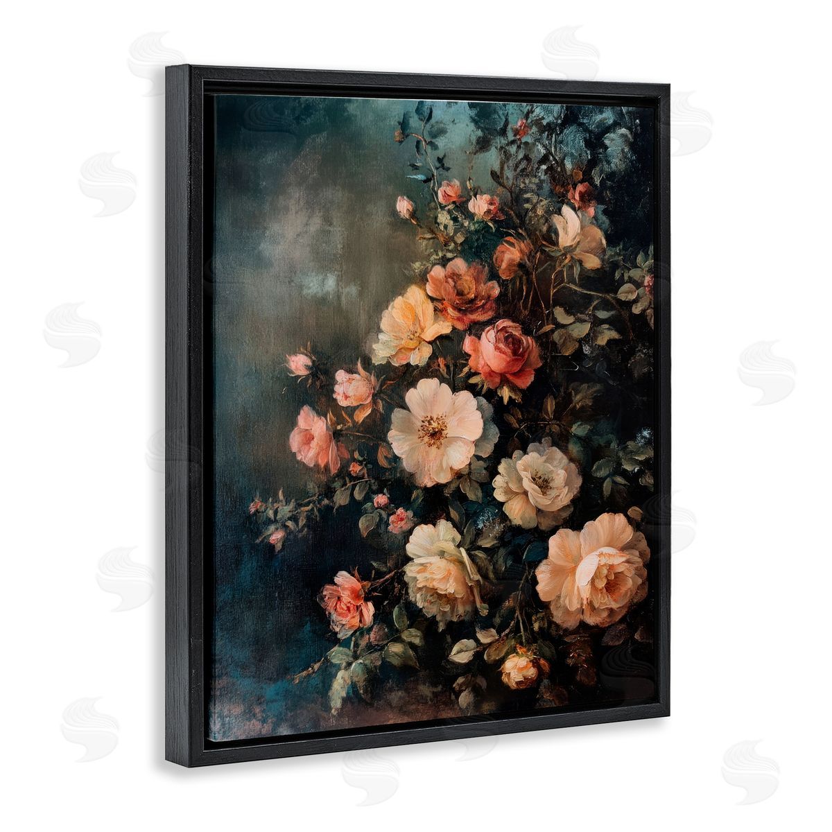 Dark Rose Florals Black Floating Frame Canvas Wall Art, Home Decor by Petal Prints Design