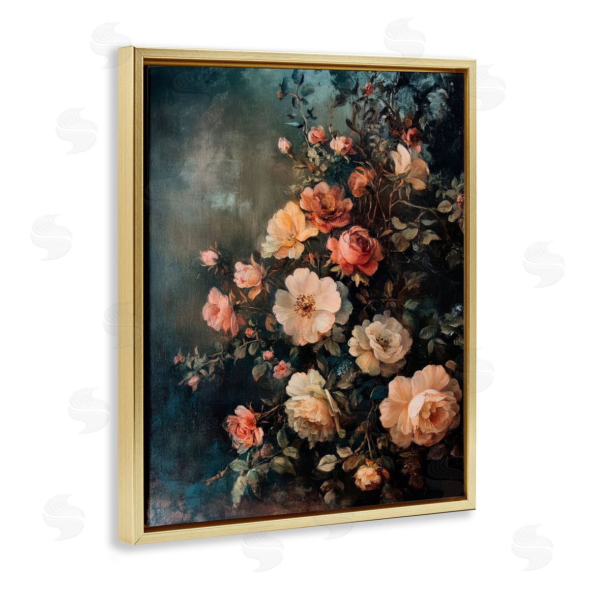 Dark Rose Florals Gold Floating Frame Canvas Wall Art, Home Decor by Petal Prints Design