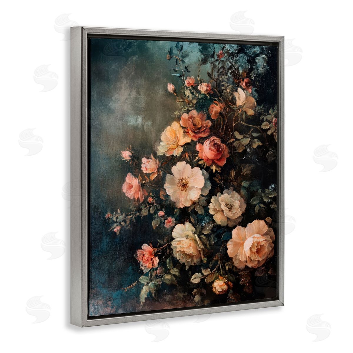 Dark Rose Florals Grey Floating Frame Canvas Wall Art, Home Decor by Petal Prints Design