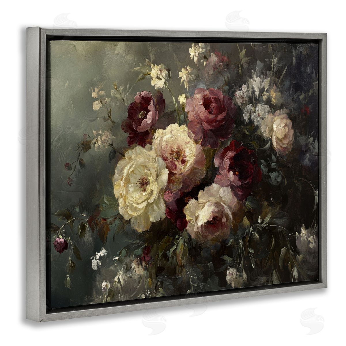 Floral Decadence Bouquet Grey Floating Frame Canvas Wall Art, Home Decor by Petal Prints Design