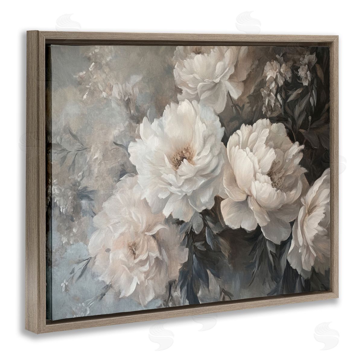 White Florals Vintage Brown Floating Frame Canvas Wall Art, Home Decor by Petal Prints Design