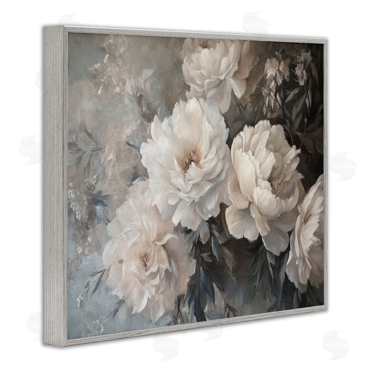 White Florals Vintage Grey Frame Print Wall Art, Home Decor by Petal Prints Design