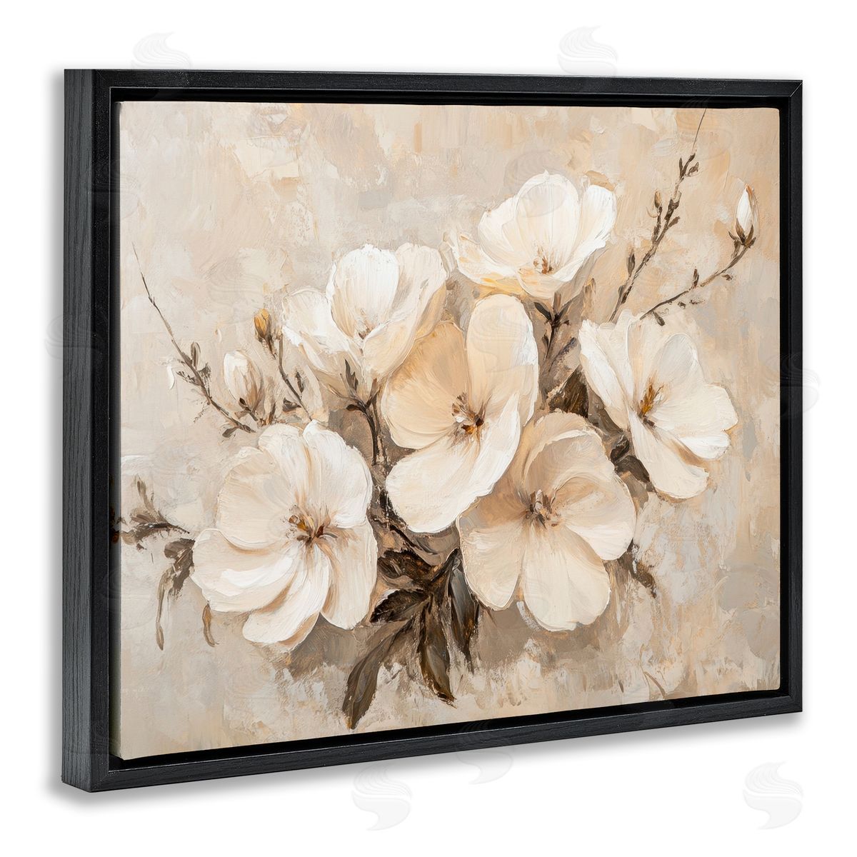 Blooming White Anemones Black Floating Frame Canvas Wall Art, Home Decor by Petal Prints Design