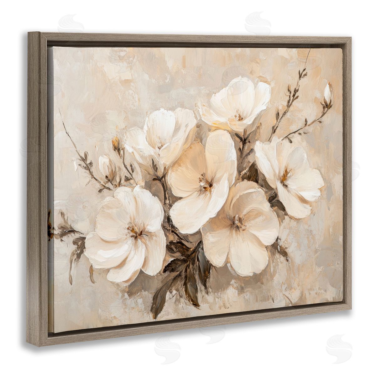 Blooming White Anemones Brown Floating Frame Canvas Wall Art, Home Decor by Petal Prints Design