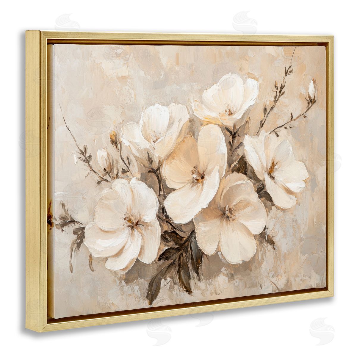 Blooming White Anemones Gold Floating Frame Canvas Wall Art, Home Decor by Petal Prints Design