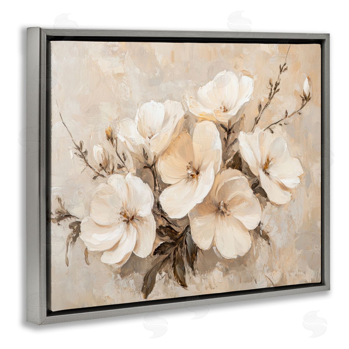 Blooming White Anemones Grey Floating Frame Canvas Wall Art, Home Decor by Petal Prints Design