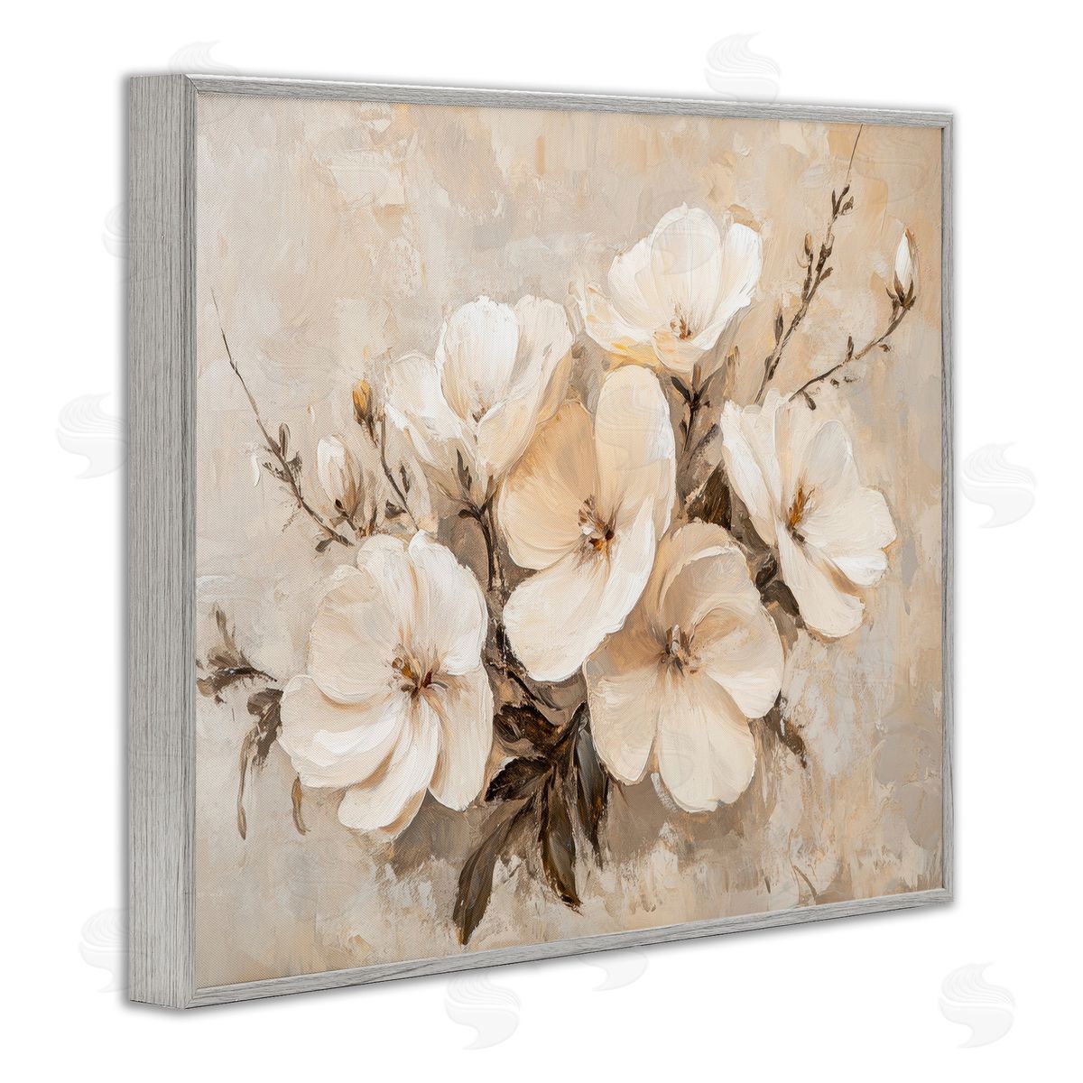 Blooming White Anemones Grey Frame Print Wall Art, Home Decor by Petal Prints Design